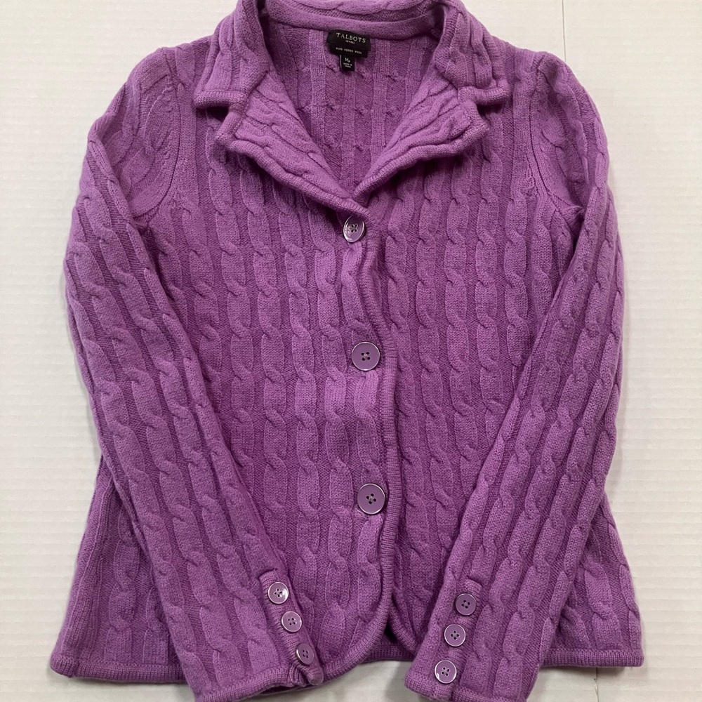 Talbots Women’s Lavender Cable Knit Cardigan 100% Merino Wool | Quiet Luxury